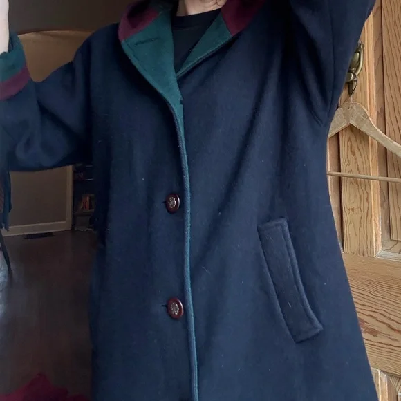 Cabin Creek Navy and Green Wool Trench Coat with Hood Burgundy Accents Size 6 - Picture 4 of 10
